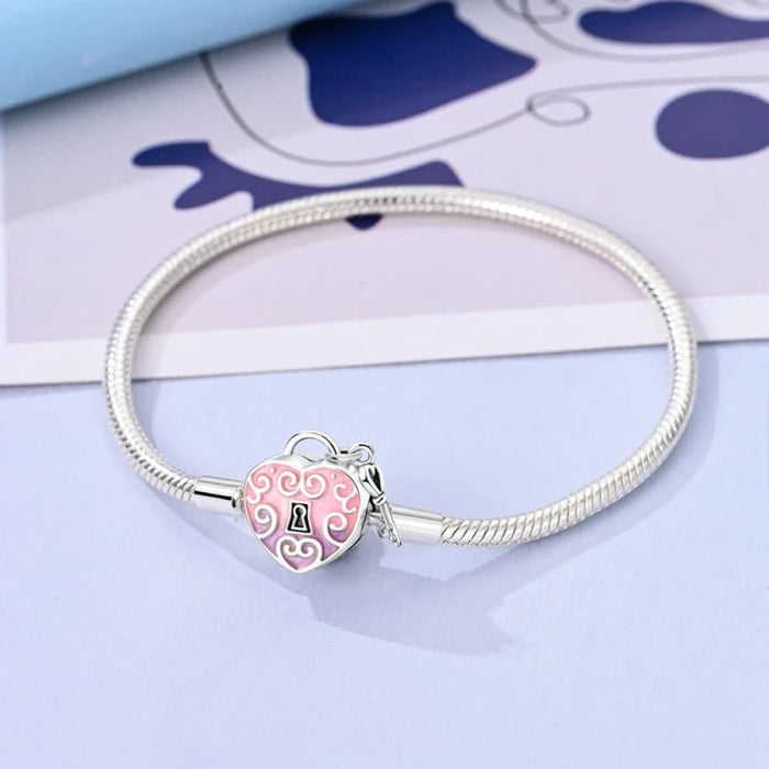 Womens 925 Sterling Silver Snake Chain Heart-Shaped Zircon Lock Bracelets Fit Pan Charms Beads Diy Jewellery