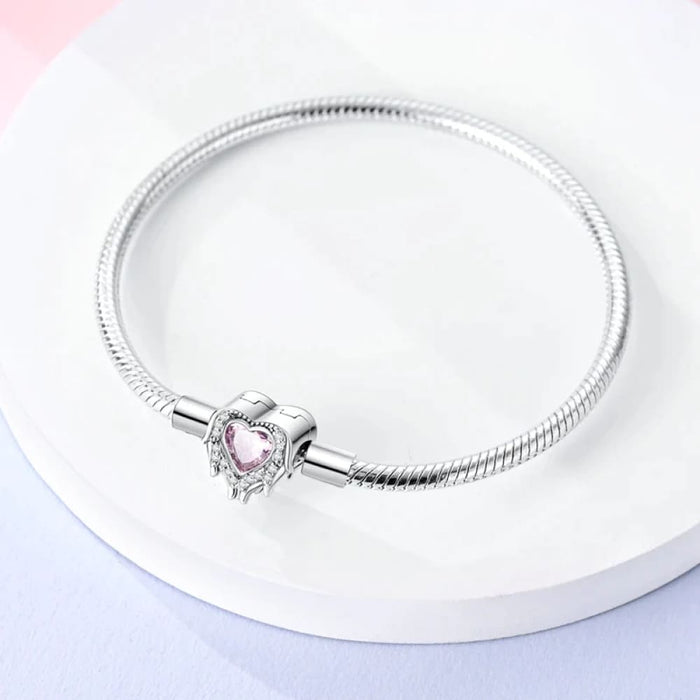 Womens 925 Sterling Silver Snake Chain Heart-Shaped Zircon Lock Bracelets Fit Pan Charms Beads Diy Jewellery