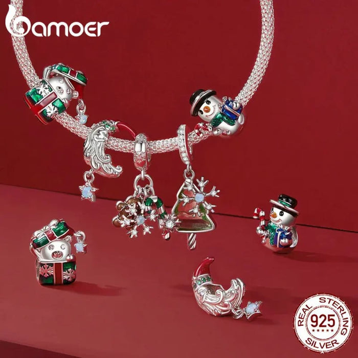 Womens 925 Sterling Silver Snowman Beads Christmas Bell Charms Bracelet Diy Accessories Christmas Gift Fine Jewellery