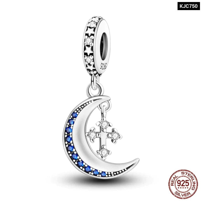 Womens 925 Sterling Silver Sparkling Zircon Star Moon Series Charms Beads Fit Pandora Bracelets Diy Jewellery