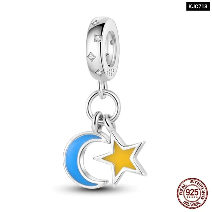 Womens 925 Sterling Silver Sparkling Zircon Star Moon Series Charms Beads Fit Pandora Bracelets Diy Jewellery