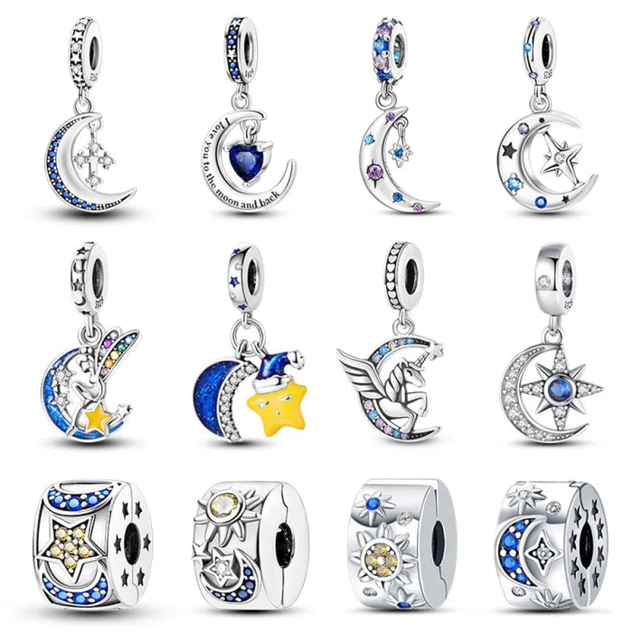 Womens 925 Sterling Silver Sparkling Zircon Star Moon Series Charms Beads Fit Pandora Bracelets Diy Jewellery