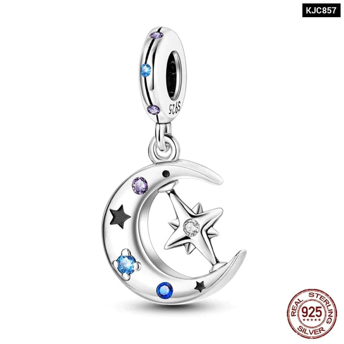 Womens 925 Sterling Silver Sparkling Zircon Star Moon Series Charms Beads Fit Pandora Bracelets Diy Jewellery