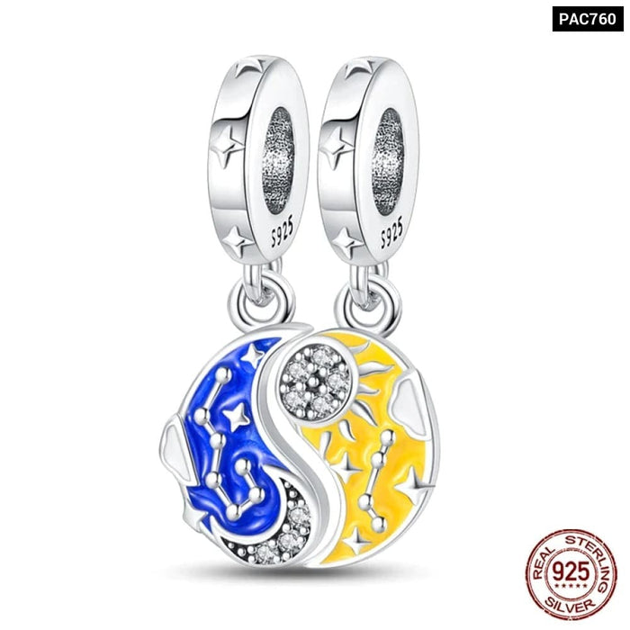 Womens 925 Sterling Silver Sparkling Zircon Star Moon Series Charms Beads Fit Pandora Bracelets Diy Jewellery