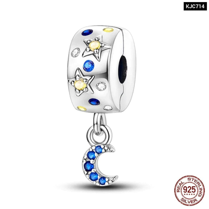 Womens 925 Sterling Silver Sparkling Zircon Star Moon Series Charms Beads Fit Pandora Bracelets Diy Jewellery