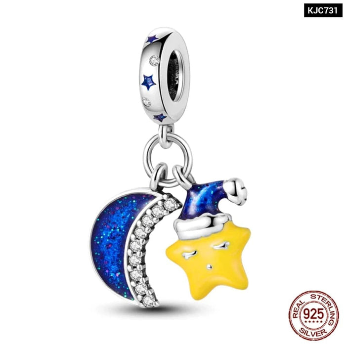 Womens 925 Sterling Silver Sparkling Zircon Star Moon Series Charms Beads Fit Pandora Bracelets Diy Jewellery