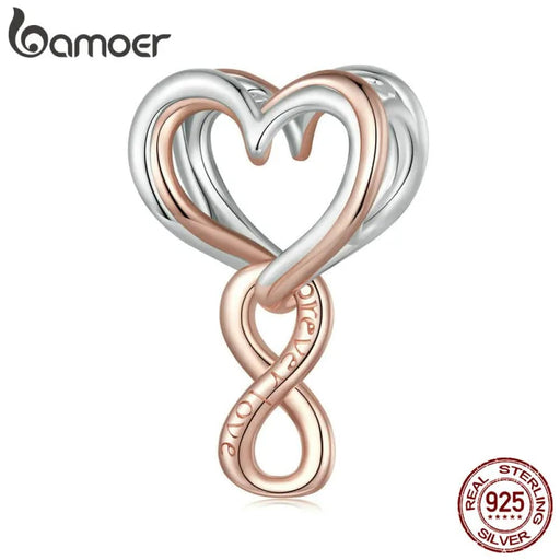 Womens 925 Sterling Silver Two-tone Heart Beads Rose Gold