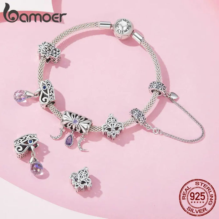 Womens 925 Sterling Silver Vintage Iris Charms Retro Pattern Devil Eye Beads Bracelet & Bangle Diy Fine Jewellery