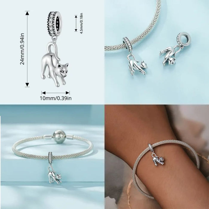 Womens 925 Sterling Silver Vivid Cat Pendant Charms Cute Animal Charms Bracelet & Bangle Diy Fine Jewellery