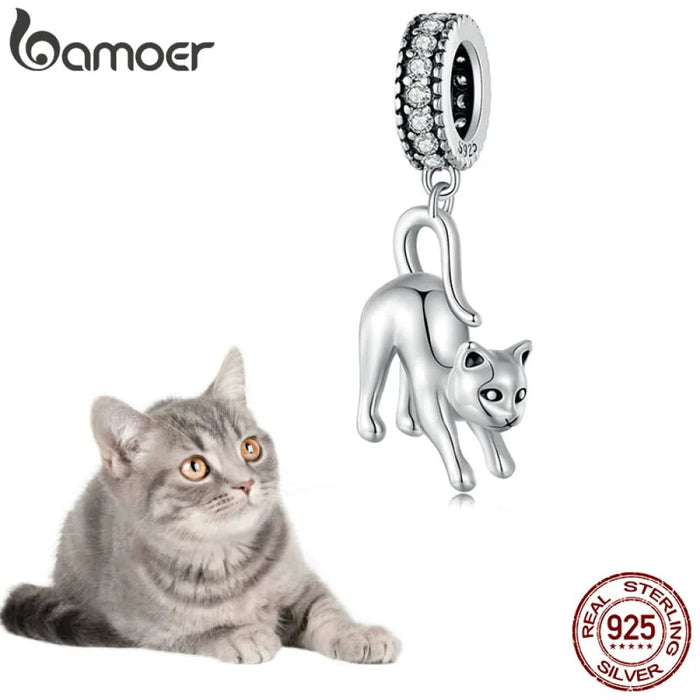 Womens 925 Sterling Silver Vivid Cat Pendant Charms Cute Animal Charms Bracelet & Bangle Diy Fine Jewellery