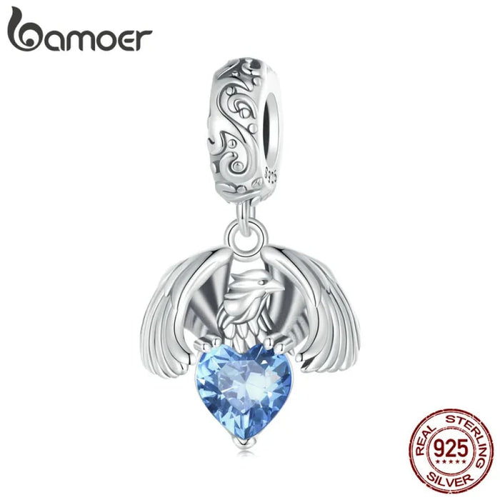 Womens 925 Sterling Silver White Eagle Hanging Bead Blue Zircon Pendant Charms Bracelet And Necklace Diy Fine Jewellery