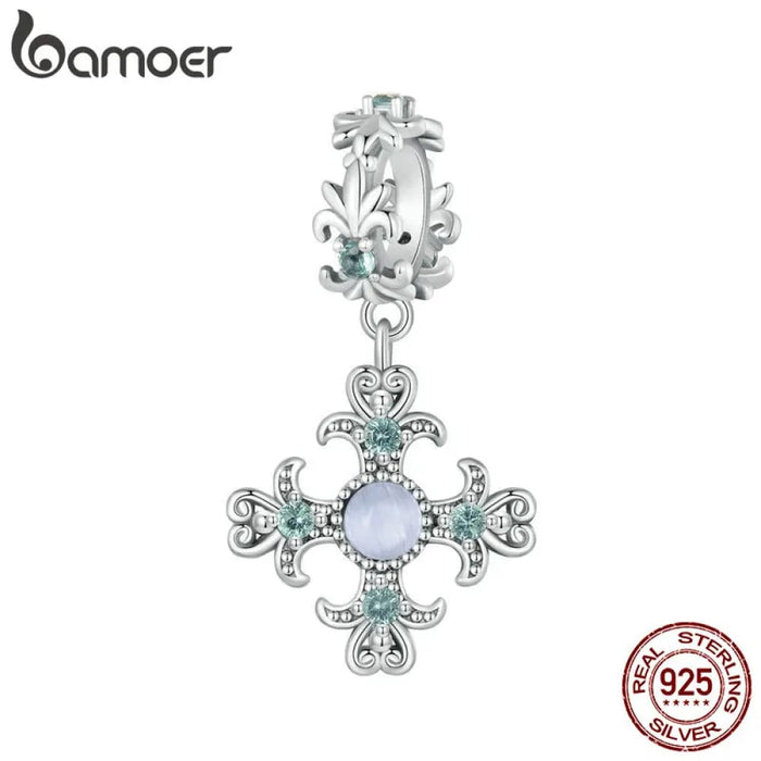 Womens Iris Cross Charm 925 Sterling Silver Cross Pendant Flower Initial Pendant Fit Charm Bracelet Christmas Diy