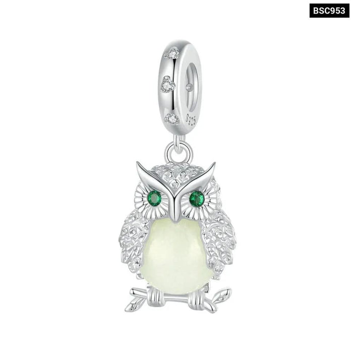 Womens Luminous Charms Beads 925 Sterling Silver Owl Pendant Dangle Fit Original Charm Bracelet Jewellery Diy Accessories