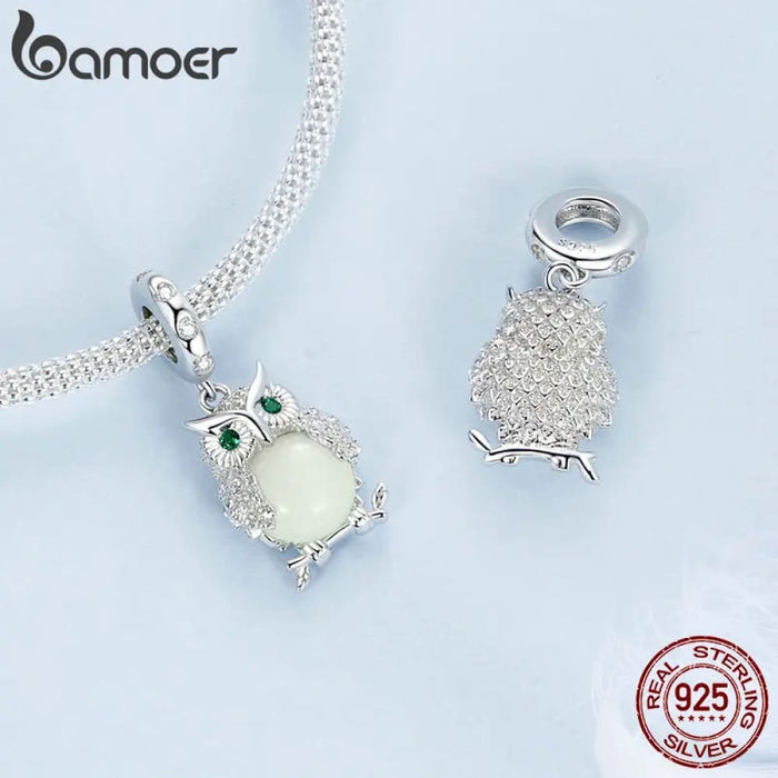 Womens Luminous Charms Beads 925 Sterling Silver Owl Pendant Dangle Fit Original Charm Bracelet Jewellery Diy Accessories