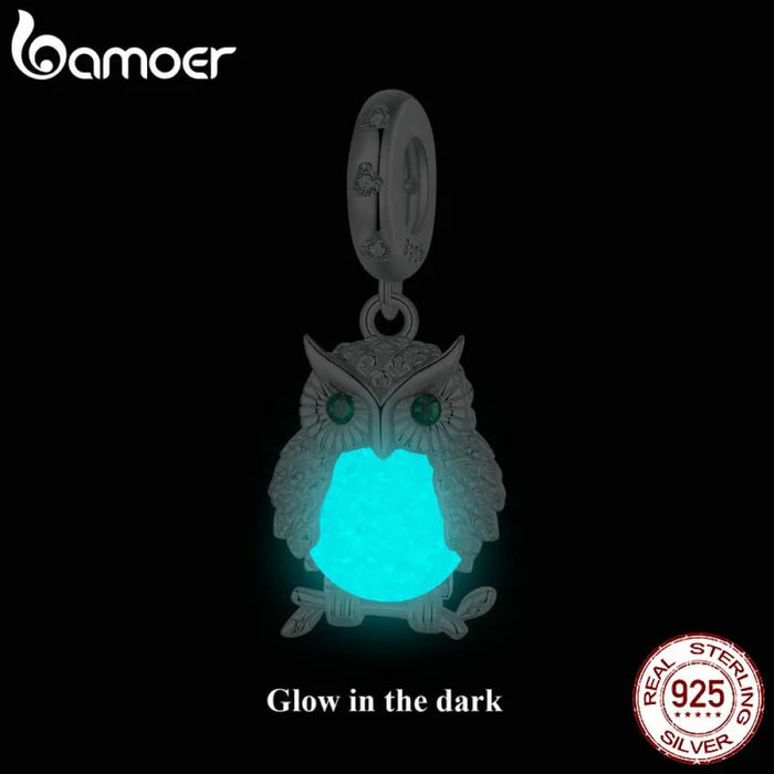 Womens Luminous Charms Beads 925 Sterling Silver Owl Pendant Dangle Fit Original Charm Bracelet Jewellery Diy Accessories