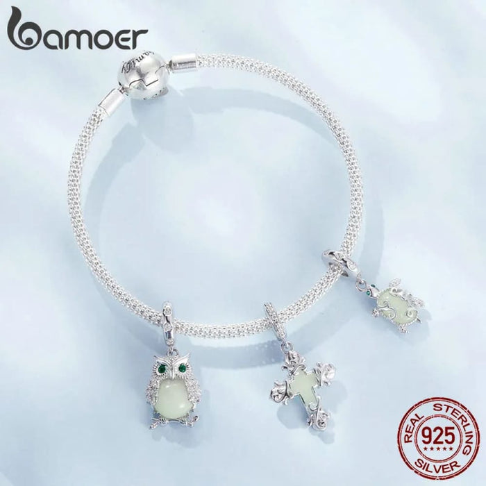 Womens Luminous Charms Beads 925 Sterling Silver Owl Pendant Dangle Fit Original Charm Bracelet Jewellery Diy Accessories