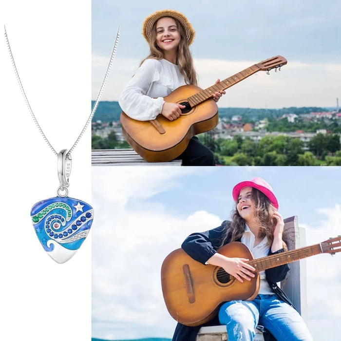 Womens Music Gifts 925 Sterling Silver Guitar Plectrum Necklace Blue Enamel Delicate Charm Pendant