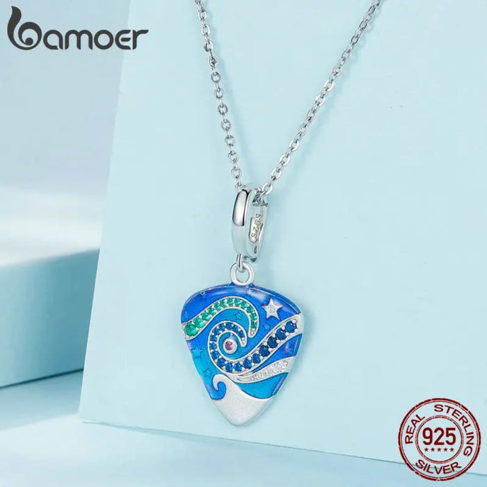 Womens Music Gifts 925 Sterling Silver Guitar Plectrum Necklace Blue Enamel Delicate Charm Pendant