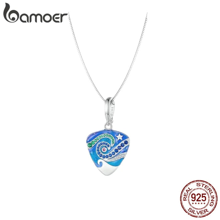 Womens Music Gifts 925 Sterling Silver Guitar Plectrum Necklace Blue Enamel Delicate Charm Pendant