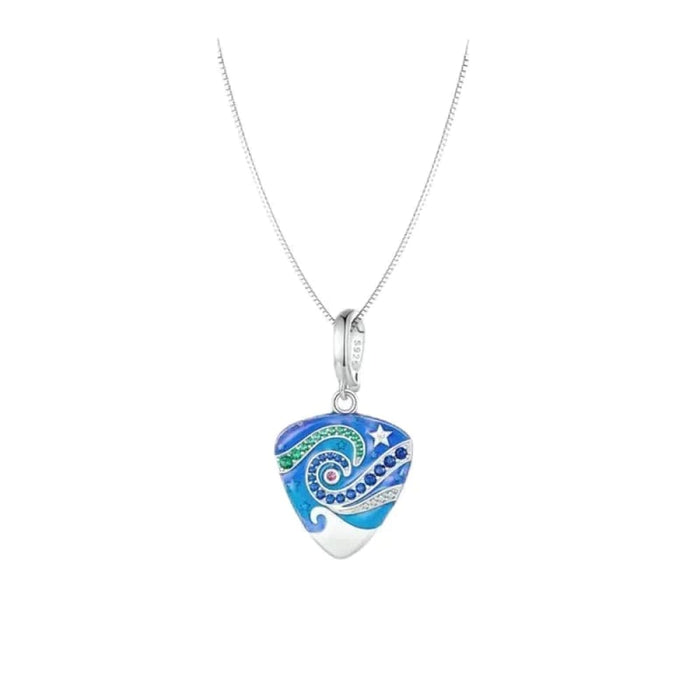 Womens Music Gifts 925 Sterling Silver Guitar Plectrum Necklace Blue Enamel Delicate Charm Pendant