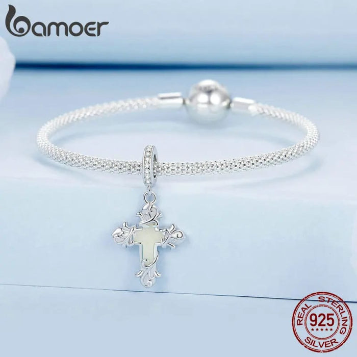 Womens Silver Charm Cross Glowworm Light Pendant Fit Original Charm Bracelet Diy Jewellery Accessories