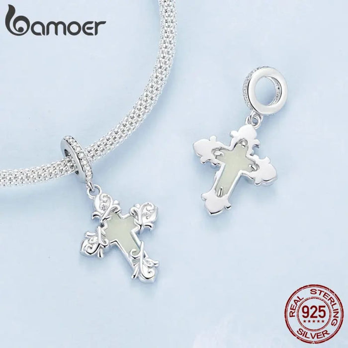 Womens Silver Charm Cross Glowworm Light Pendant Fit Original Charm Bracelet Diy Jewellery Accessories