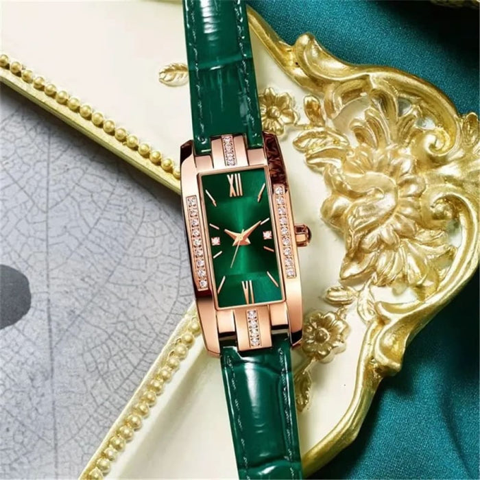 Womens Watches Fashion Square Ladies Quartz Watch Bracelet Set Green Dial Simple Leather Luxury Women Watches