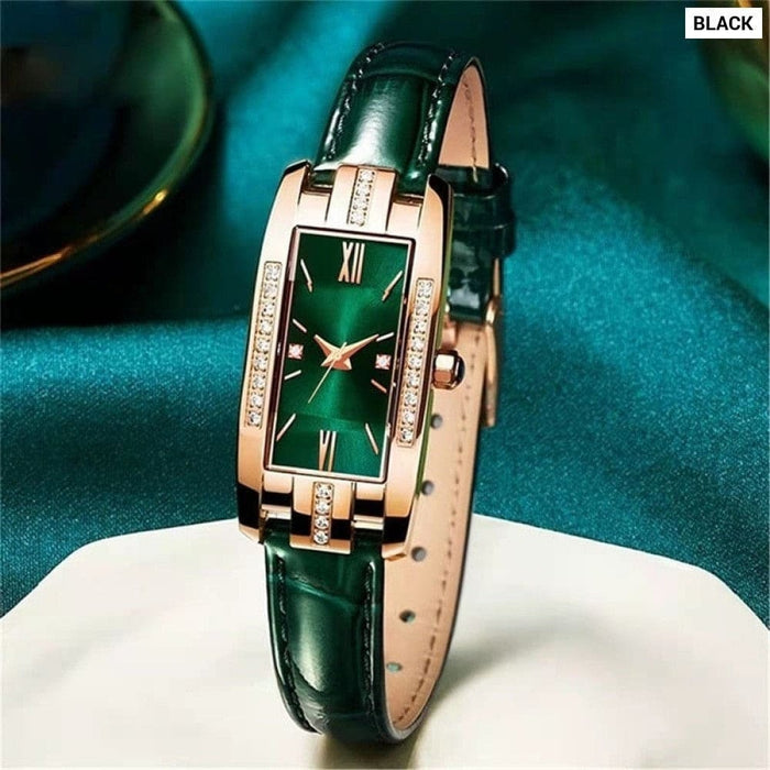 Womens Watches Fashion Square Ladies Quartz Watch Bracelet Set Green Dial Simple Leather Luxury Women Watches