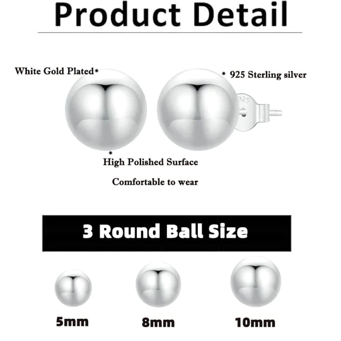 Womens White Gold Plated Ball Stud Earrings, 925 Sterling Silver Simple Polished Hypoallergenic Jewellery Sce1725