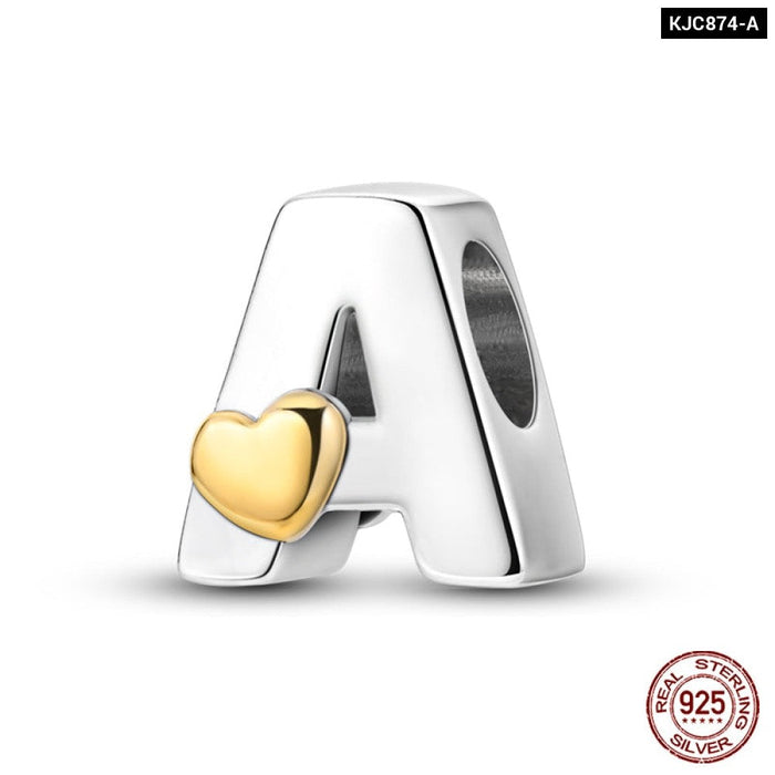 Womens 925 Sterling Silver Classic Golden Heart 26 Alphabet Letters Charms Beads Fit Pandora Bracelets Lucky Diy Jewellery