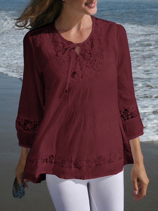 3/4 Sleeve Lace Splicing Blouse with Knotted Detail