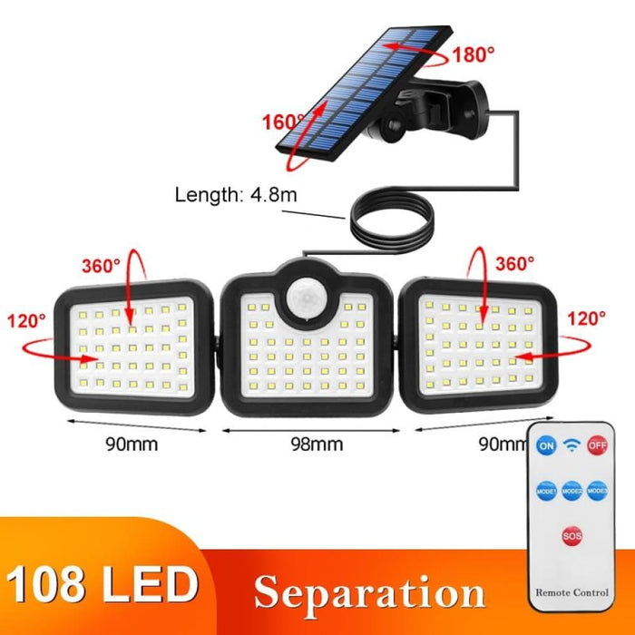 108 122 138 171 Led Solar Lights Outdoor 3 Head Motion