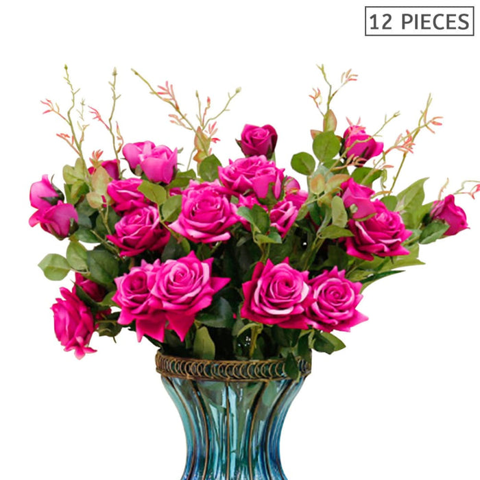 12pcs Artificial Silk Flower Fake Rose Bouquet Table Decor