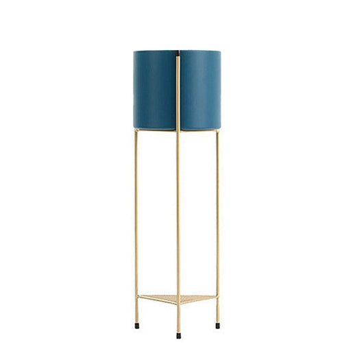 2 Layer 65cm Gold Metal Plant Stand With Blue Flower Pot