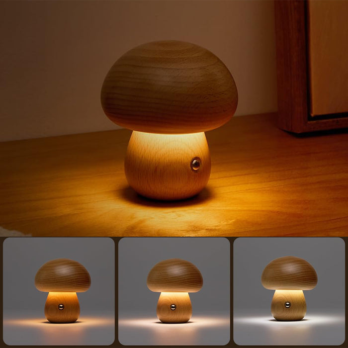 Vibe Geeks Wooden Mushroom LED Night Light for Bedroom - USB Rechargeable