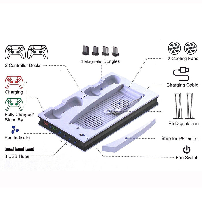 Vibe Geeks PS5 Dual Controller Cooling Charging Station with LED Light