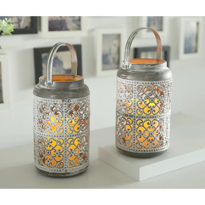 2Pcs Hollow Vintage Flameless LED Candle Holder For Outdoor Indooor Home Decor