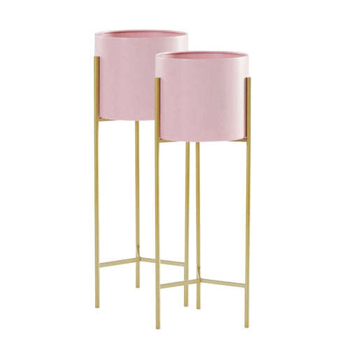 2x 2 Layer 42cm Gold Metal Plant Stand With Pink Flower Pot