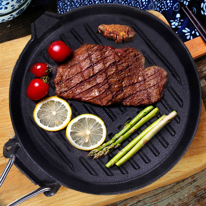 2x 24cm Round Ribbed Cast Iron Steak Frying Grill Skillet