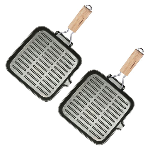 2x 28cm Ribbed Cast Iron Square Steak Frying Grill Skillet