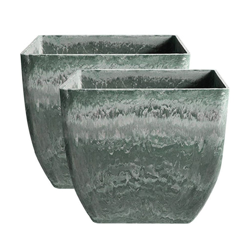 2x 32cm Green Grey Square Resin Plant Flower Pot In Cement