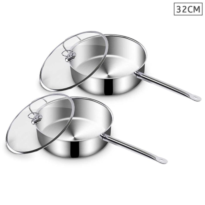 2x 32cm Stainless Steel Saucepan Sauce Pan With Glass Lid