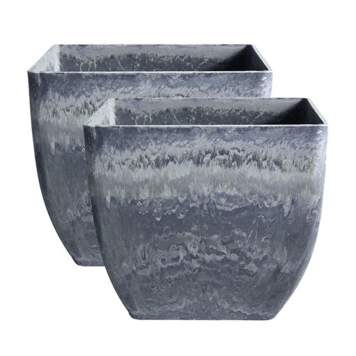 2x 32cm Weathered Grey Square Resin Plant Flower Pot In