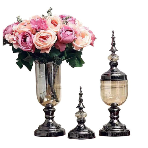 2x Clear Glass Flower Vase With Lid And Pink Filler Black