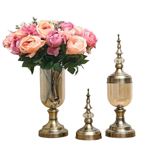 2x Clear Glass Flower Vase With Lid And Pink Filler Bronze