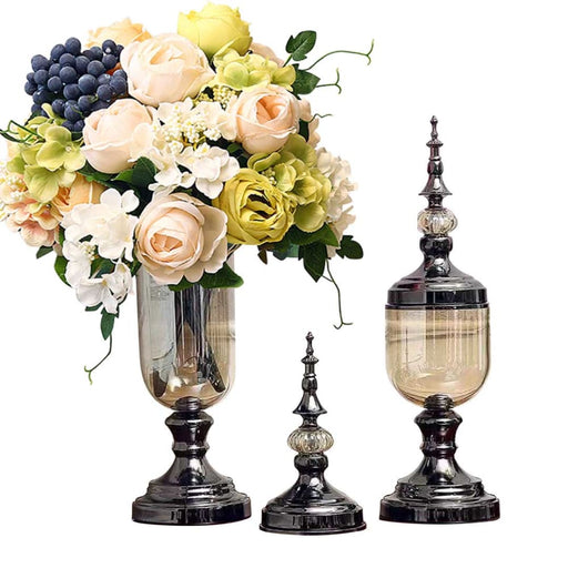 2x Clear Glass Flower Vase With Lid And White Filler Black