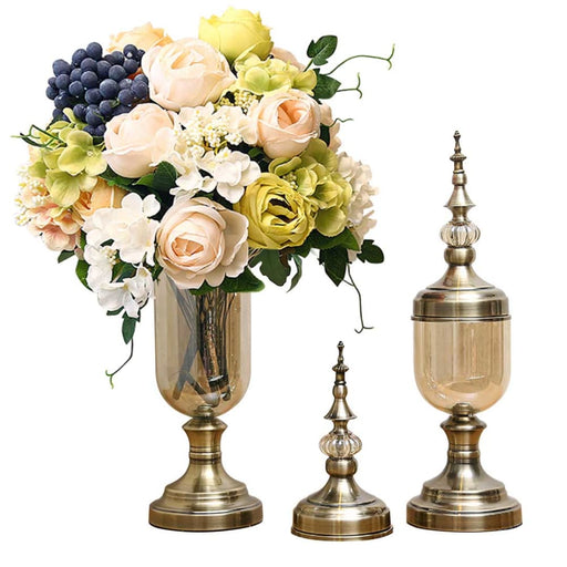 2x Clear Glass Flower Vase With Lid And White Filler Bronze
