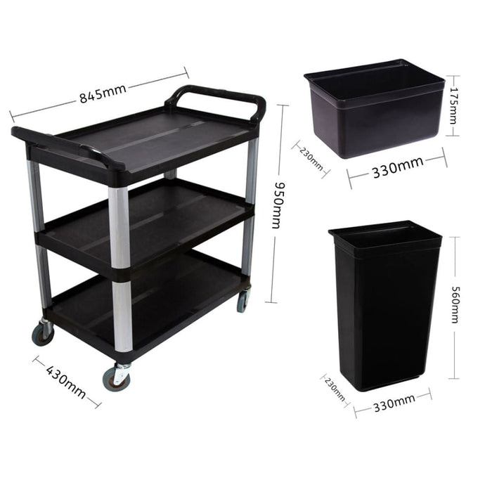 3 Tier 83x43x95cm Food Trolley Waste Cart With Two Bins