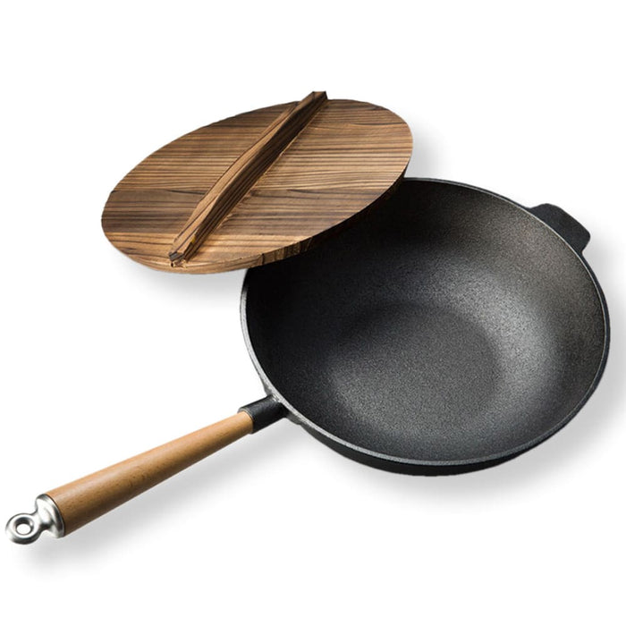 31cm Commercial Cast Iron Wok Frypan Fry Pan with Wooden Lid