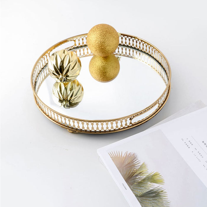 32cm Gold Round Ornate Mirror Glass Metal Tray Vanity Makeup